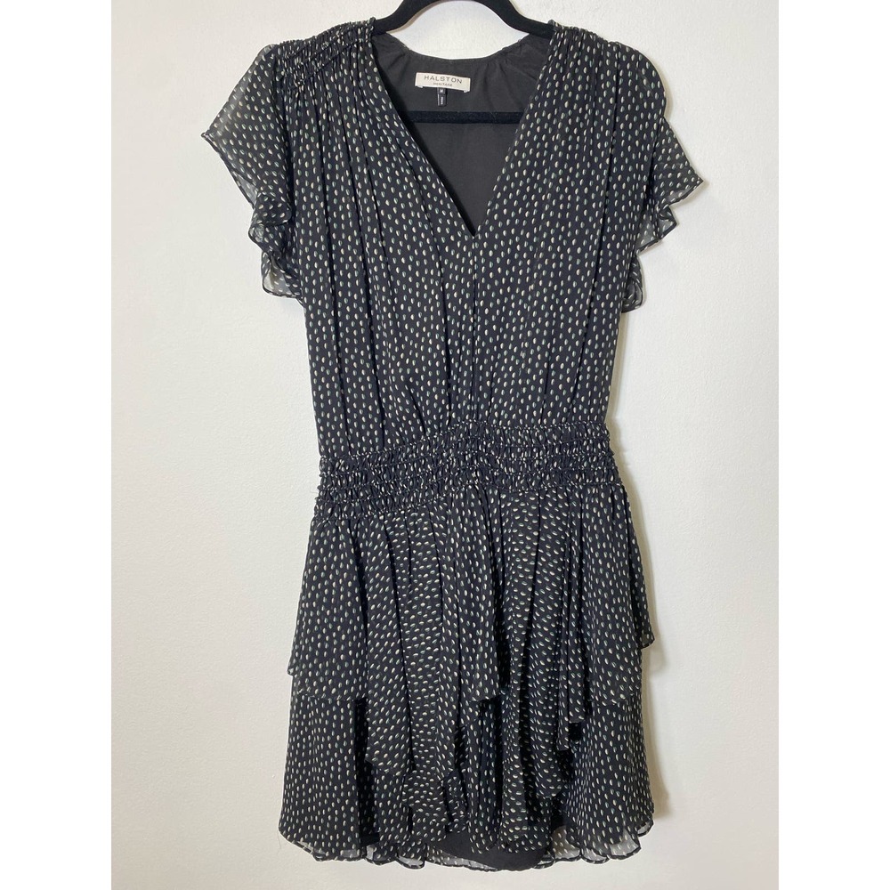 Halston Heritage Black Green Patterned V-Neck Flutter Sleeve Dress Sz M